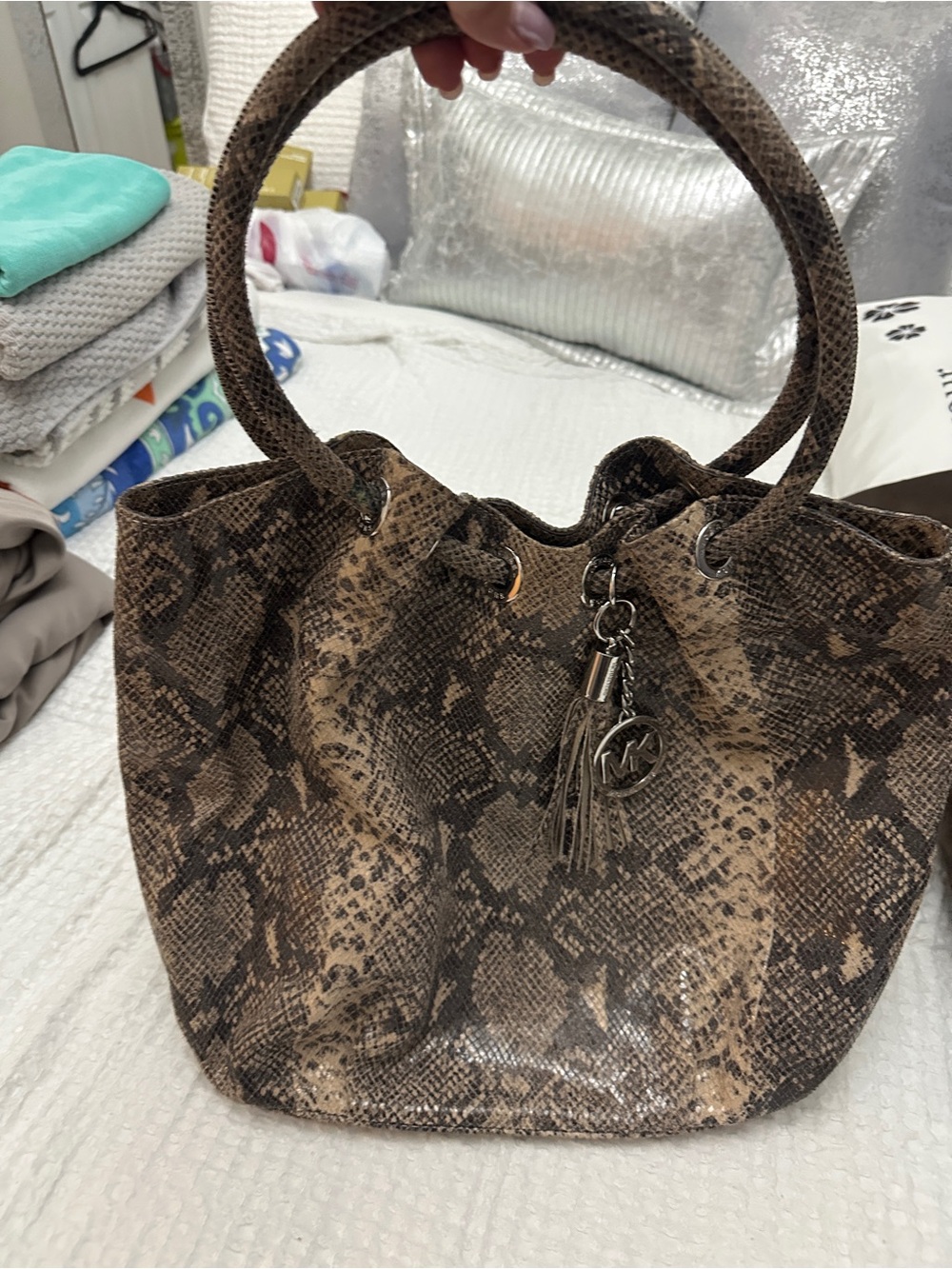Michael Kors Brown Snake-Print Ring Handle Tote with Tassel Charm